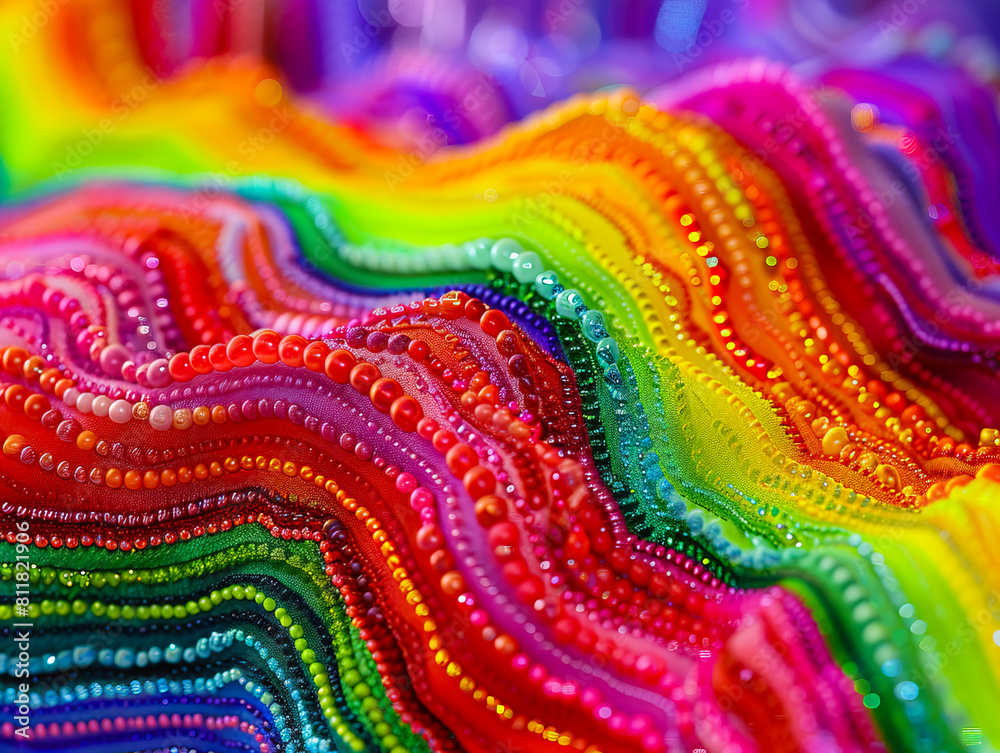 A close up of colorful beads on a fabric.