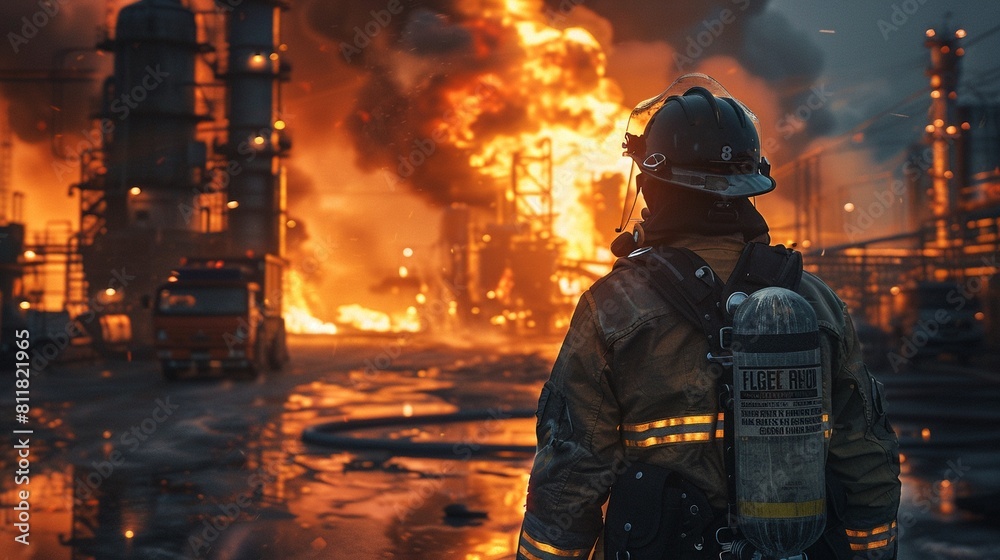 A dramatic scene of a firefighter in protective gear, observing a massive blaze at an industrial facility during a fire emergency, showcasing the bravery and determination of first responders 8K , hig A dramatic scene of a firefighter in protective gear, observing a massive blaze at an industrial facility during a fire emergency, showcasing the bravery and determination of first responders 8K , hig
