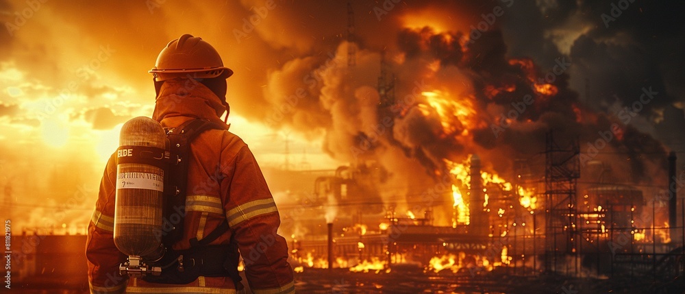 A dramatic scene of a firefighter in protective gear, observing a massive blaze at an industrial facility during a fire emergency, showcasing the bravery and determination of first responders 8K , hig