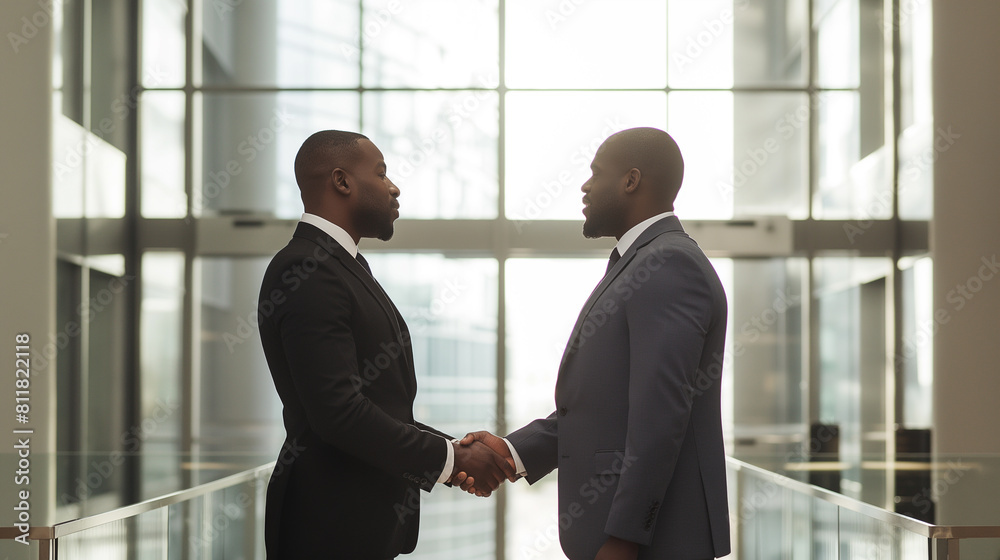 Against the backdrop of a sleek office environment, two businessmen stand facing each other, their hands clasped in a firm handshake, symbolizing the unity. Against the backdrop of a sleek office environment, two businessmen stand facing each other, their hands clasped in a firm handshake, symbolizing the unity.