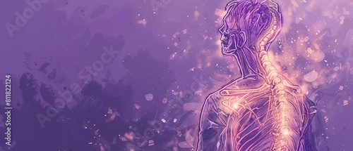 An abstract representation of the pain in the lumbar spine and spinal cord, with a man experiencing human back pain The image features the spinal cord injury pain in sacral region, highlighted in glow
