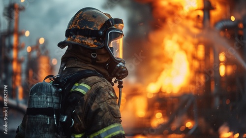 An intense image of a firefighter in full gear, assessing a massive blaze at an industrial facility, highlighting the dangerous and challenging nature of firefighting 8K , high-resolution, ultra HD,up photo