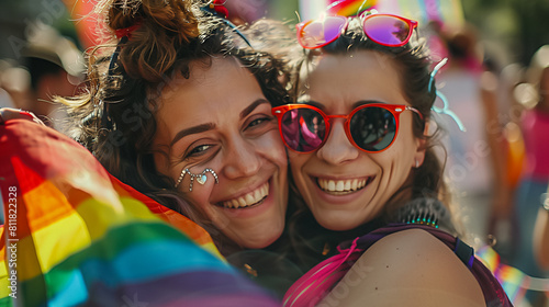 Cheerful friends lesbian girls at the pride parade, lgbtq community
