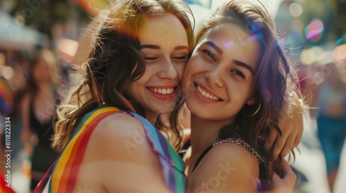Cheerful friends lesbian girls at the pride parade, lgbtq community © Diana Zelenko