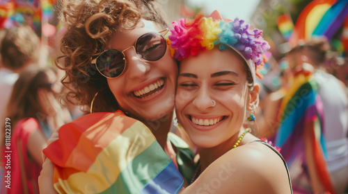 Cheerful friends lesbian girls at the pride parade  lgbtq community