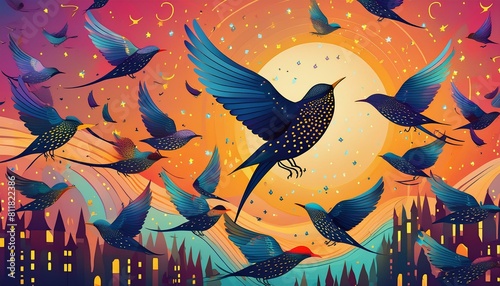Illustrate the playful antics of a flock of starlings as they swoop and dive in synchronized harmony, creating mesmerizing patterns in the air.vecteur, illustration, arbre, art, orange, halloween,  photo