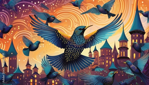 Illustrate the playful antics of a flock of starlings as they swoop and dive in synchronized harmony  creating mesmerizing patterns in the air.vecteur  illustration  arbre  art  orange  halloween  