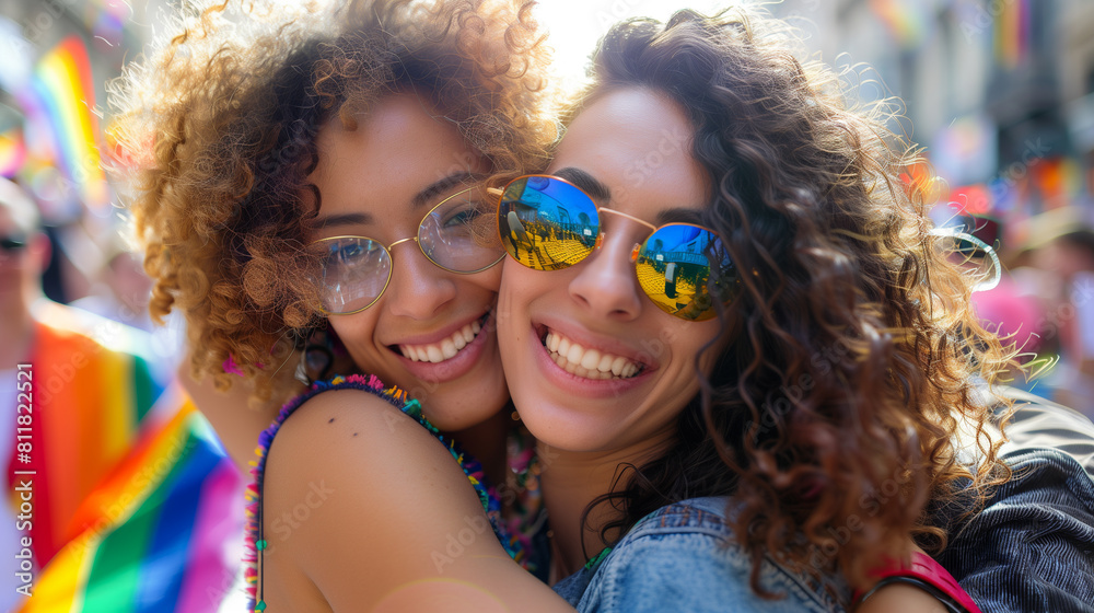 Cheerful friends lesbian girls at the pride parade, lgbtq community Cheerful friends lesbian girls at the pride parade, lgbtq community