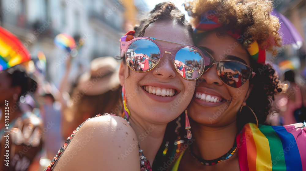 Cheerful friends lesbian girls at the pride parade, lgbtq community