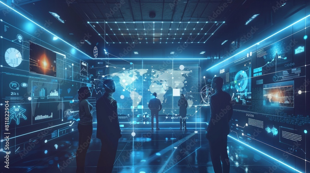 Futuristic Data Control Room with Silhouetted Figures | High-Tech Global Network Visualization for Technology, Security, and Innovation Concepts Futuristic Data Control Room with Silhouetted Figures | High-Tech Global Network Visualization for Technology, Security, and Innovation Concepts