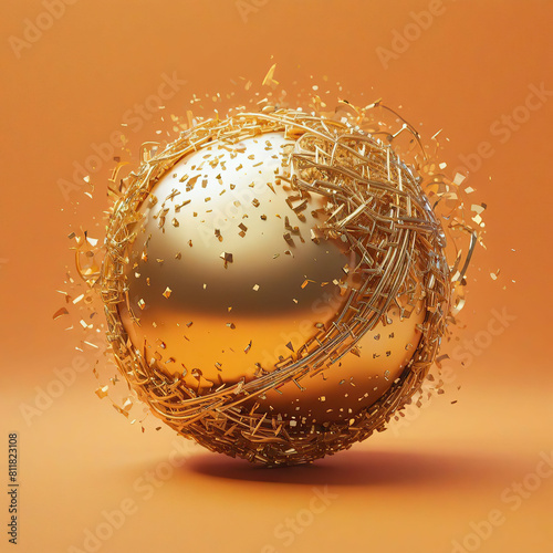 Abstract 3d render of golden sphere with confetti on orange background