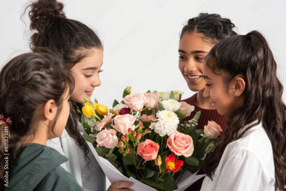 A group of enthusiastic students gather around their teacher, beaming with excitement as they present a beautifully arranged bouquet of flowers. A group of enthusiastic students gather around their teacher, beaming with excitement as they present a beautifully arranged bouquet of flowers.