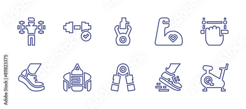 Exercise line icon set. Editable stroke. Vector illustration. Containing walking, treadmill, exercise, boxingbag, handgrip, pullup, sportshoes.