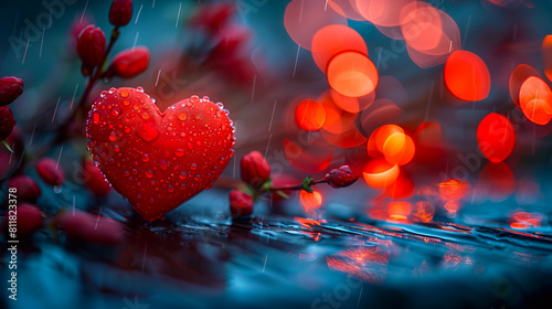 A red heart is sitting on a wet surface.