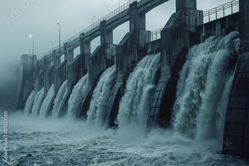 Witness the awe-inspiring sight of a hydroelectric dam harnessing the force of rushing water to generate clean and sustainable energy. photo