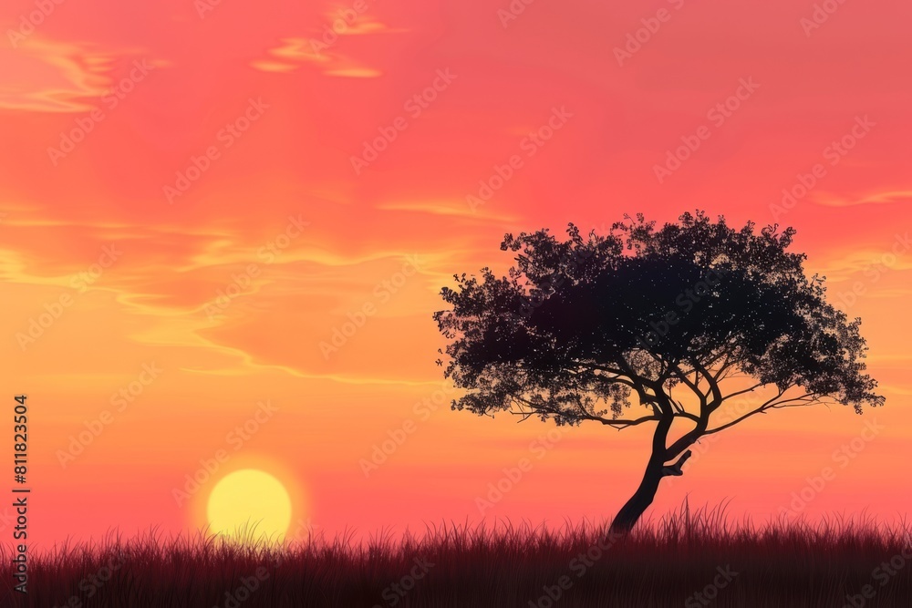 A beautiful illustration of a lone tree standing in silhouette against a breathtaking backdrop of vibrant orange and pink hues in the sunset sky. A beautiful illustration of a lone tree standing in silhouette against a breathtaking backdrop of vibrant orange and pink hues in the sunset sky.