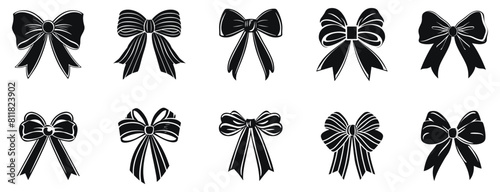 Stylish Black Ribbon Bows vector illustration. Different present decoration hand drawn black on white background. Satin gift bow silhouette.