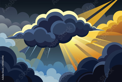 Dramatic sun rays piercing through storm clouds, vector cartoon illustration.