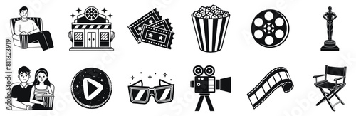 Cinema vector illustration. People watching movie together hand drawn black on white background. Tickets, pop corn, camera, film strip, director chair silhouette.