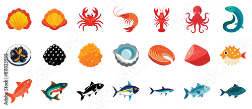 Seafood Icons set, vector flat cartoon illustration. Marine life - salmon, lobster, tuna, crab, octopus, eel, mussels, scallops, shrimp.