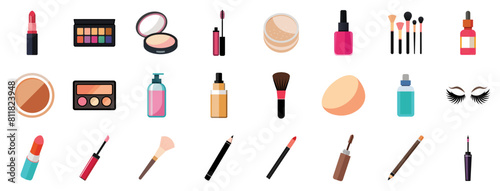 Makeup Icons set, vector flat cartoon illustration. Cosmetics - lipstick, eyeshadow palette, nail polish, brushes, compact powder, lip gloss.