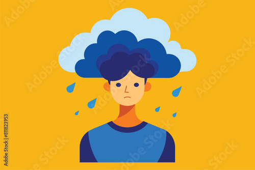 Young woman with raincloud over her head, vector cartoon illustration. Portrayal of person with cloud raining over them, symbolizing sorrow or emotional challenges.