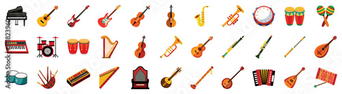 Musical instruments Icons set, vector flat cartoon illustration. Music - piano, guitar, violin, percussion, saxophone, trumpet, drums, tambourine, ukulele.