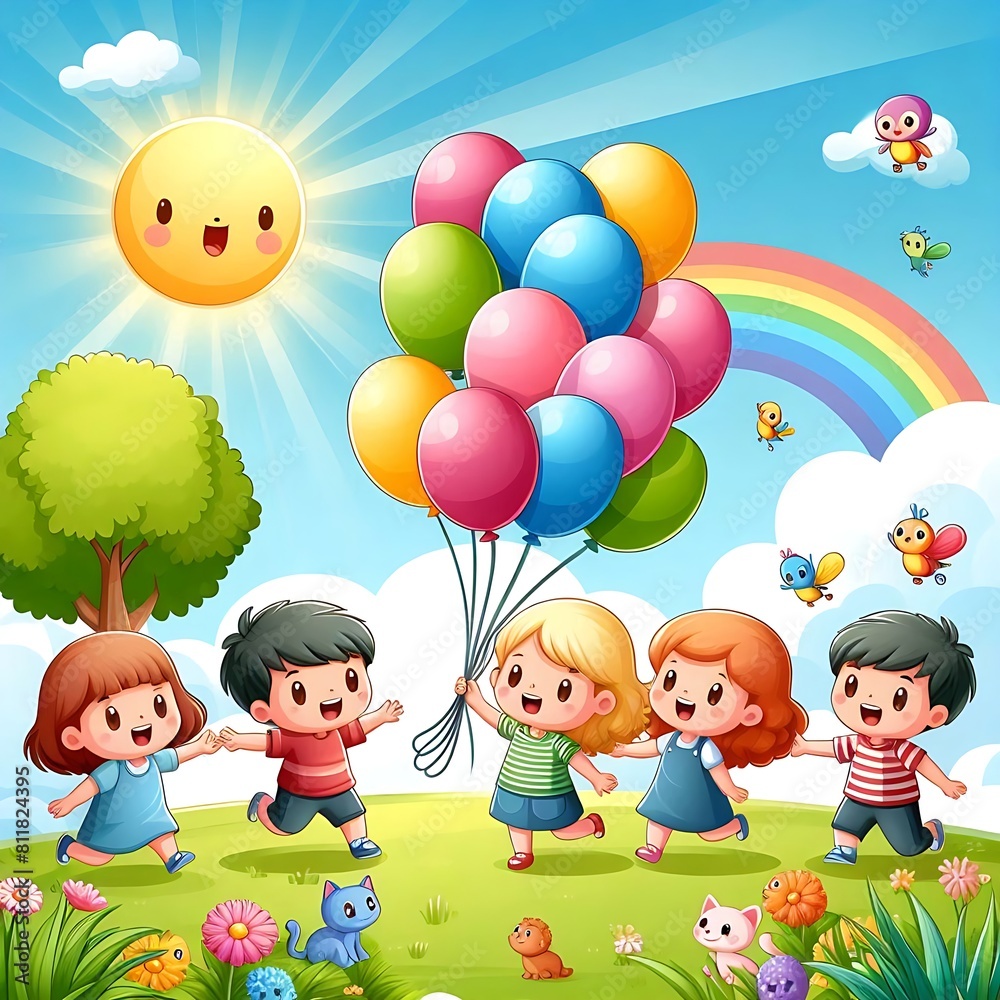 Children with balloons. Happy childrens day Children with balloons. Happy childrens day