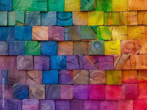 A colorful wall of wooden blocks.