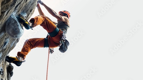 A man is climbing a rock wall with a yellow and orange outfit photo