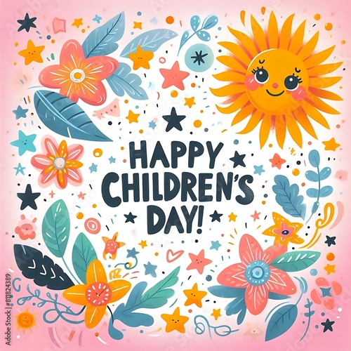 The image depicts a cheerful Children’s Day celebration illustration