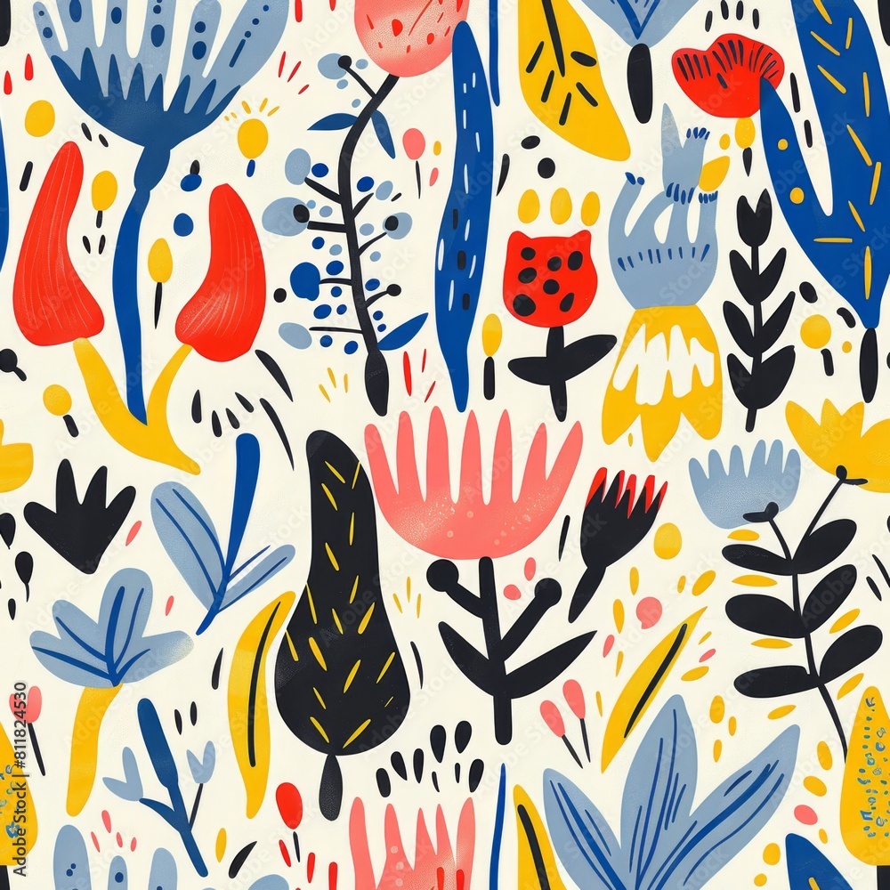 Vibrant Hand-Drawn Floral Pattern with Modern Abstract Shapes Vibrant Hand-Drawn Floral Pattern with Modern Abstract Shapes