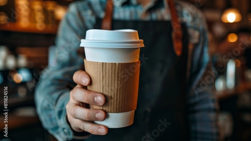 Barista serving coffee in takeaway cup in coffee shop photo