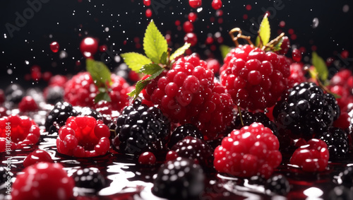 A bunch of red and black berries with water droplets splashing around them.