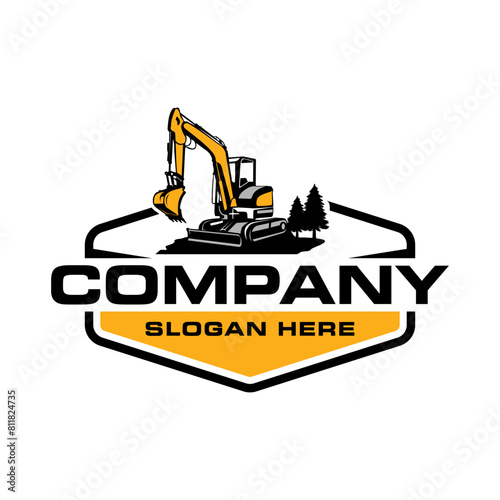 vector graphic of excavator construction, excavator earthworks, and heavy equipment logo design template