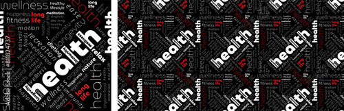 Seamless texture with text health, healthy lifestyle, wellness. Health word cloud background. Typography background
