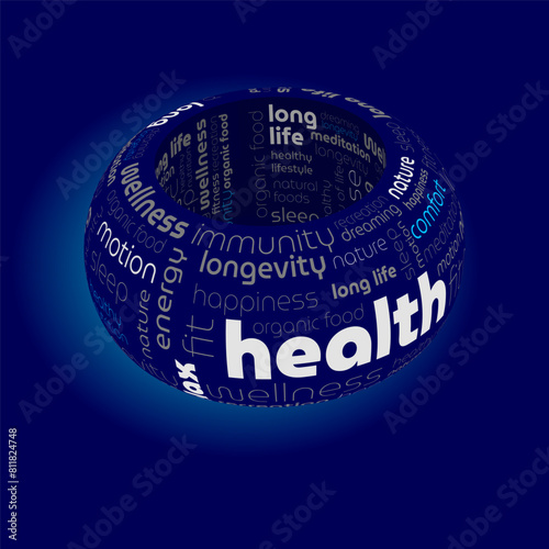 Health word cloud on the sphere. A word cloud consisting of text only. Vector illustration. Typography background