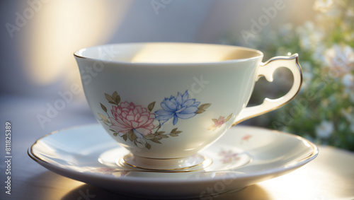 A pale green teacup with a floral pattern