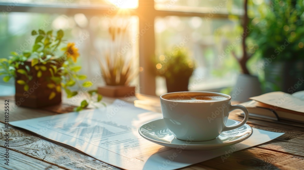 Coffee cup and documents on background sunlight. Business concept. Coffee cup and documents on background sunlight. Business concept.