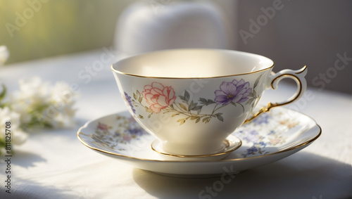 A pale green teacup with a floral pattern