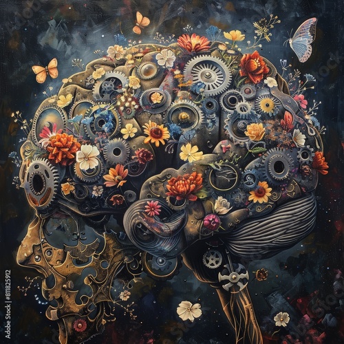 A brain made of gears with blooming flowers symbolizing the power and beauty of the mind