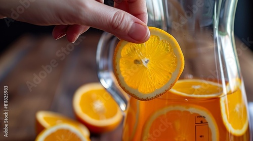 Freshly Sliced Orange Being Added to a Pitcher of Juice