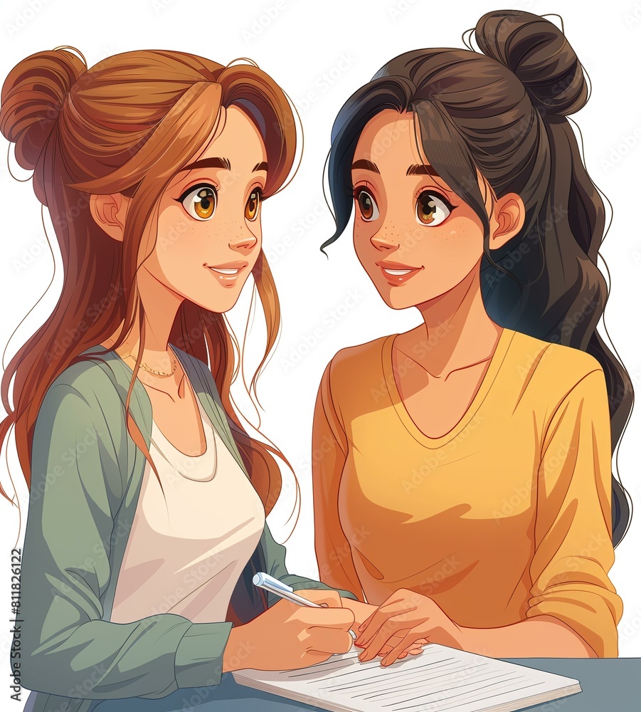 Two girls are sitting at a table, writing in a book together.