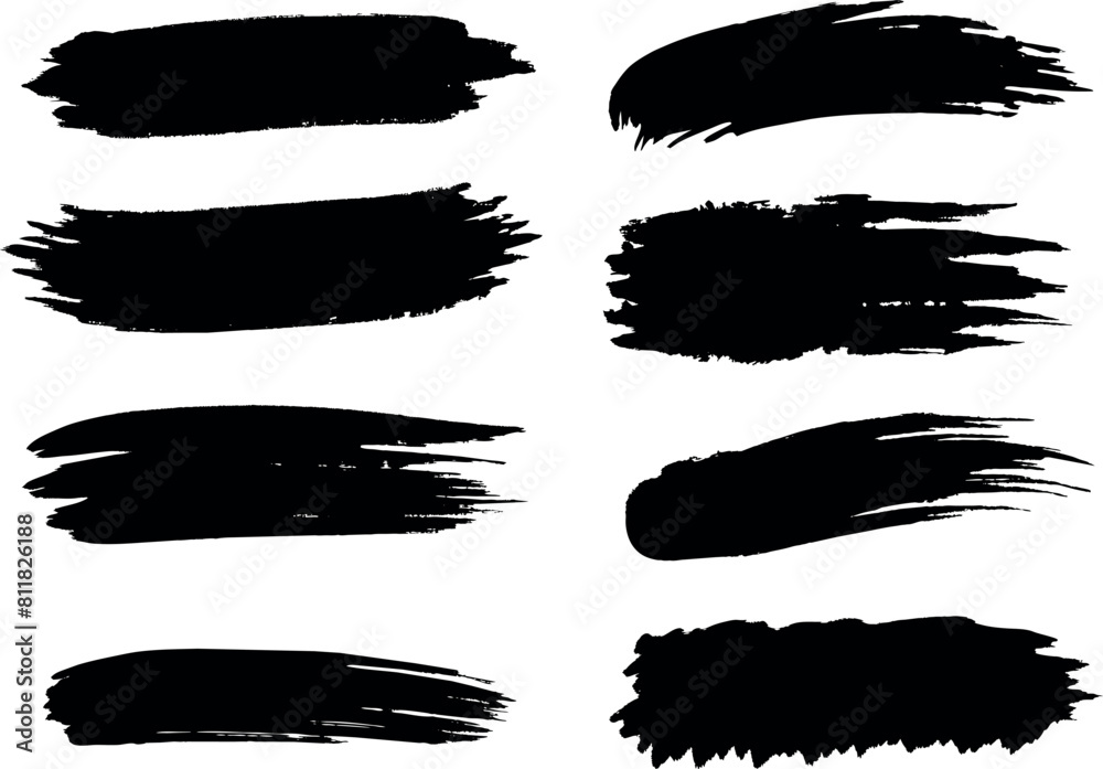 Collection set of black paint brush strokes isolated on transparent background