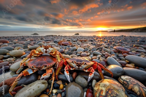 Colorful sea crabs crawled out onto round pebbles