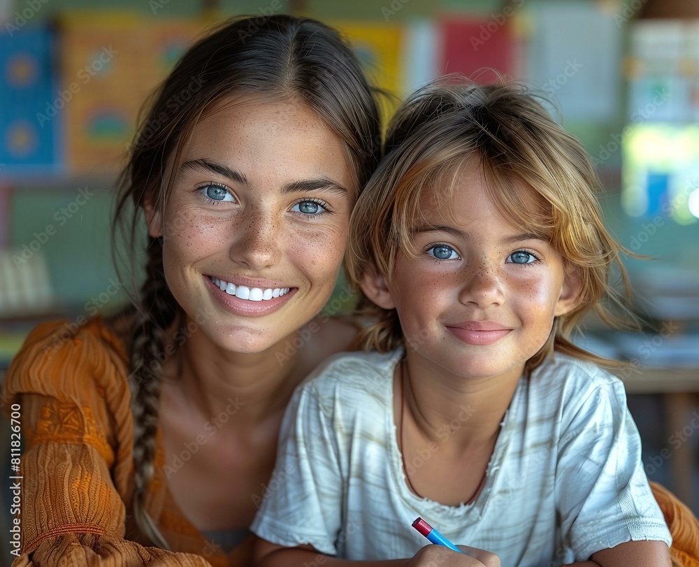 A woman and a child pose for a picture, both smiling brightly. A woman and a child pose for a picture, both smiling brightly.