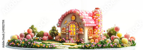 A small house made of candy is surrounded by flowers and trees © AnuStudio