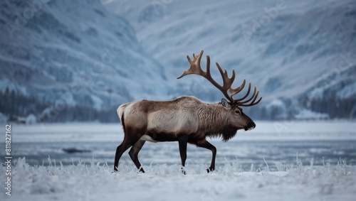 Icy Antlered Beauty, Majestic Reindeer Grace the Frozen Tundra Landscape photo