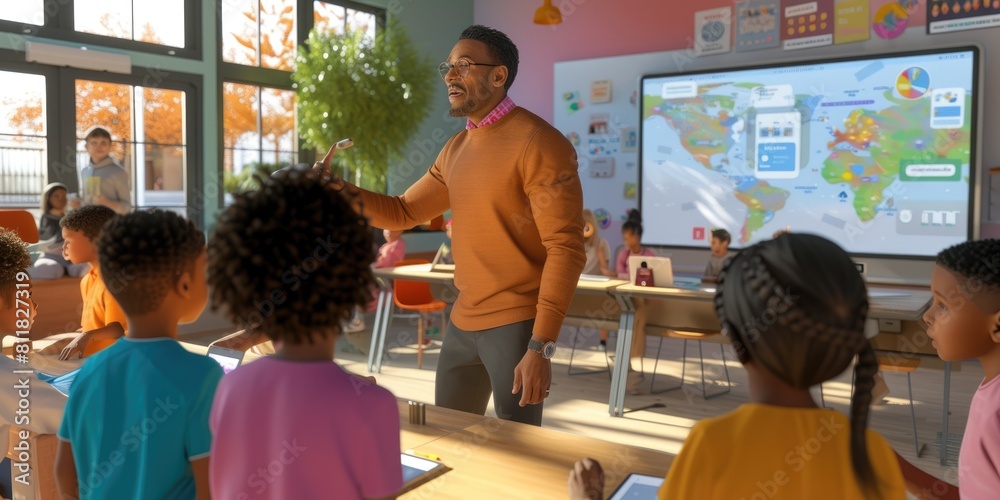 Portrait of teacher teaching about AI at digital classroom ...