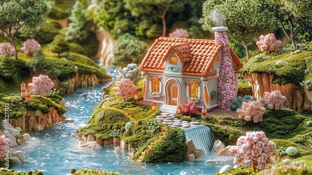 Naklejka premium A small house with a chimney sits on a hillside next to a river